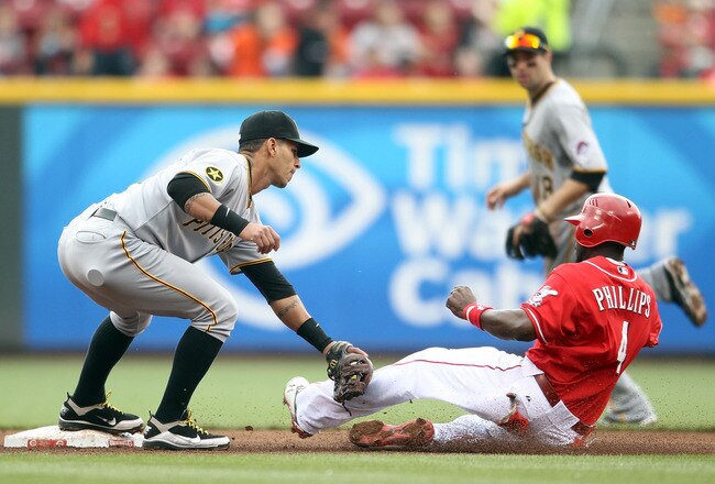CINCINNATI, OH - MAY 19:  Ronny Cedeno #5 of the Pittsburgh Pirates tags out Brandon Phillips #4 of the Cincinnati Reds while he attempted to steal second base during the game at Great American Ball Park on May 19, 2011 in Cincinnati, Ohio.  (Photo by Andy Lyons/Getty Images)