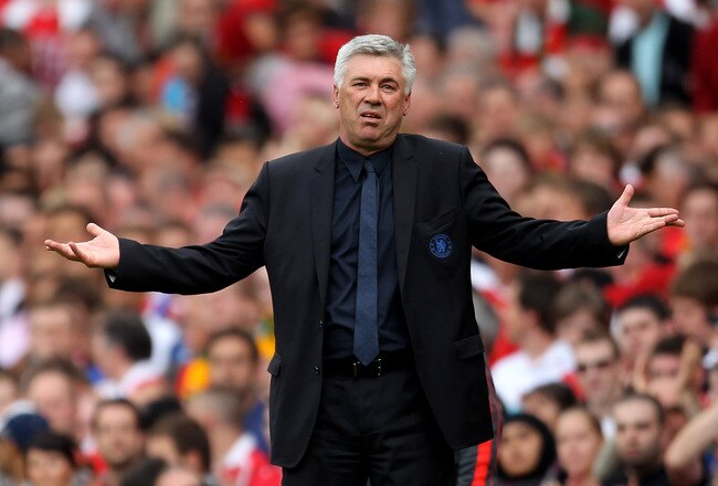 MANCHESTER, ENGLAND - MAY 08:  Chelsea Manager Carlo Ancelotti reacts during the Barclays Premier League match between Manchester United and Chelsea at Old Trafford on May 8, 2011 in Manchester, England.  (Photo by Alex Livesey/Getty Images)