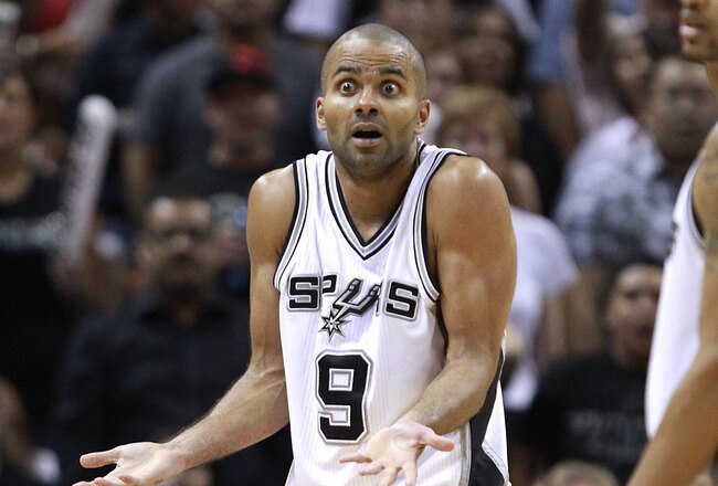 SAN ANTONIO, TX - APRIL 27:  Tony Parker #9 of the San Antionio Spurs reacts to a call during the game against the Memphis Grizzlies in Game Five of the Western Conference Quarterfinals in the 2011 NBA Playoffs on April 27, 2011 at AT&T Center in San Antonio, Texas. NOTE TO USER: User expressly acknowledges and agrees that, by downloading and or using this photograph, User is consenting to the terms and conditions of the Getty Images License Agreement.  (Photo by Jed Jacobsohn/Getty Images)