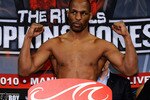 LAS VEGAS - APRIL 02:  Boxer Bernard Hopkins poses on the scale during the official weigh-in for his bout against Roy Jones Jr. at the Mandalay Bay Events Center April 2, 2010 in Las Vegas, Nevada. The two will meet in a light heavyweight bout on April 3 in Las Vegas.  (Photo by Ethan Miller/Getty Images)