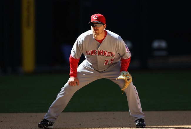 PHOENIX, AZ - APRIL 10:  Infielder Scott Rolen #27 of the Cincinnati Reds in action during the Major League Baseball game against the Arizona Diamondbacks at Chase Field on April 10, 2011 in Phoenix, Arizona.  The Diamondbacks defeated the Reds 10-8.  (Photo by Christian Petersen/Getty Images)