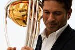 MUMBAI, INDIA - APRIL 03:  Sachin Tendulkar of the Indian cricket team poses with the  ICC Cricket World Cup Trophy during a photo call at the Taj Palace Hotel on April 3, 2011 in Mumbai, India.  (Photo by Ritam Banerjee/Getty Images)