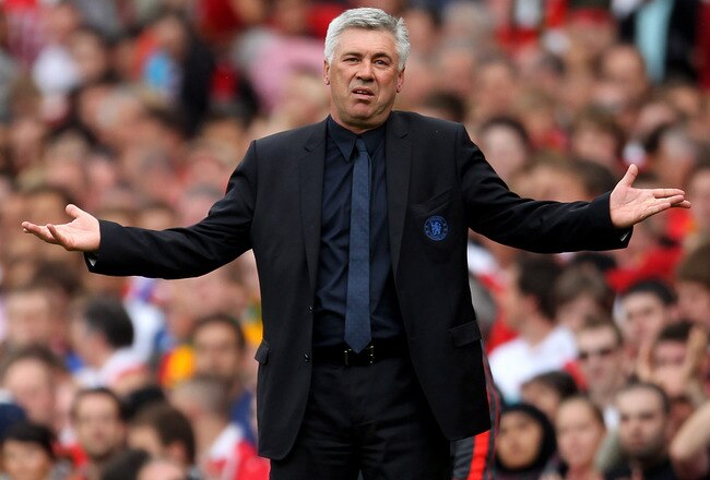 MANCHESTER, ENGLAND - MAY 08:  Chelsea Manager Carlo Ancelotti reacts during the Barclays Premier League match between Manchester United and Chelsea at Old Trafford on May 8, 2011 in Manchester, England.  (Photo by Alex Livesey/Getty Images)