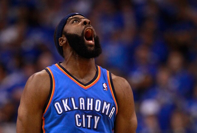 DALLAS, TX - MAY 19:  James Harden #13 of the Oklahoma City Thunder reacts after making a three-pointer in the fourth quarter while taking on the Dallas Mavericks in Game Two of the Western Conference Finals during the 2011 NBA Playoffs at American Airlines Center on May 19, 2011 in Dallas, Texas. NOTE TO USER: User expressly acknowledges and agrees that, by downloading and or using this photograph, User is consenting to the terms and conditions of the Getty Images License Agreement.  (Photo by Tom Pennington/Getty Images)