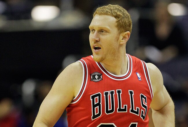 WASHINGTON, DC - FEBRUARY 28: Brian Scalabrine #24 of the Chicago Bulls against the Washington Wizards at the Verizon Center in Washington on February 28, 2011 in Washington, DC. NOTE TO USER: User expressly acknowledges and agrees that, by downloading and/or using this Photograph, User is consenting to the terms and conditions of the Getty Images License Agreement.  (Photo by Rob Carr/Getty Images)