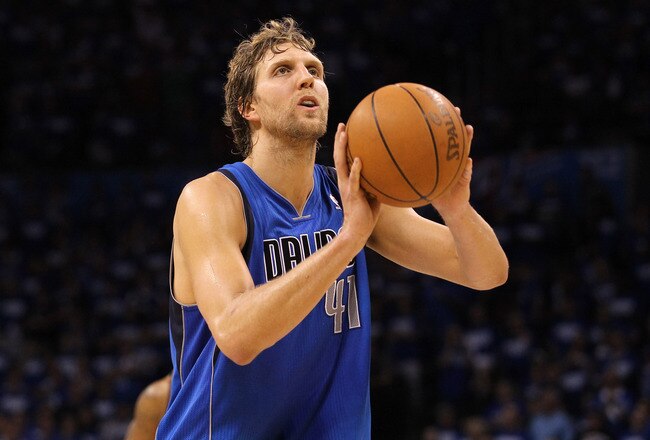 OKLAHOMA CITY, OK - MAY 21:  Dirk Nowitzki #41 of the Dallas Mavericks shoots a free throw while taking on the Oklahoma City Thunder in Game Three of the Western Conference Finals during the 2011 NBA Playoffs at Oklahoma City Arena on May 21, 2011 in Oklahoma City, Oklahoma. NOTE TO USER: User expressly acknowledges and agrees that, by downloading and or using this photograph, User is consenting to the terms and conditions of the Getty Images License Agreement.  (Photo by Ronald Martinez/Getty Images)