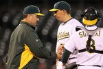 OAKLAND, CA - MAY 03:  Brian Fuentes #57 of the Oakland Athletics is taken out of the game by manager Bob Geren after he gave up three runs to the Cleveland Indians in the ninth inning at Oakland-Alameda County Coliseum on May 3, 2011 in Oakland, California.  (Photo by Ezra Shaw/Getty Images)