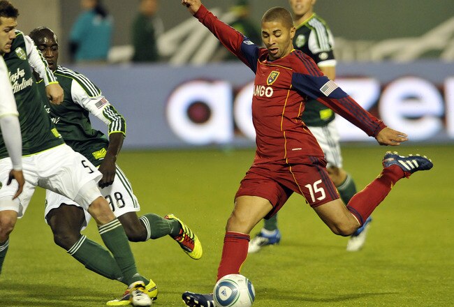 PORTLAND, OR - APRIL 30: Alvaro Saborio #15 of the Real Salt Lake kicks the ball during the second half of the game against the Portland Timbers at Jeld-Wen Field on April 30, 2011 in Portland, Oregon. The Timbers won the game 1-0. (Photo by Steve Dykes/Getty Images)