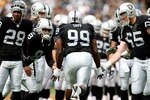OAKLAND, CA - SEPTEMBER 23:  Warren Sapp #99 of the Oakland Raiders enters the field against the Cleveland Browns during an NFL game at McAfee Coliseum September 23, 2007 in Oakland, California.  (Photo by Jed Jacobsohn/Getty Images)
