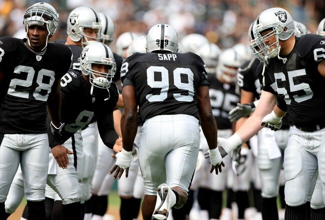 OAKLAND, CA - SEPTEMBER 23:  Warren Sapp #99 of the Oakland Raiders enters the field against the Cleveland Browns during an NFL game at McAfee Coliseum September 23, 2007 in Oakland, California.  (Photo by Jed Jacobsohn/Getty Images)