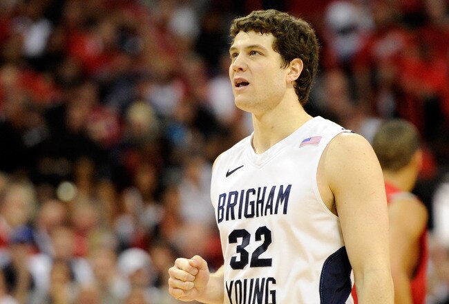 LAS VEGAS, NV - MARCH 11:  Jimmer Fredette #32 of the Brigham Young University Cougars reacts during a semifinal game of the Conoco Mountain West Conference Basketball tournament against the New Mexico Lobos at the Thomas & Mack Center March 11, 2011 in Las Vegas, Nevada. Fredette scored 52 points in BYU's 87-76 victory.  (Photo by Ethan Miller/Getty Images)