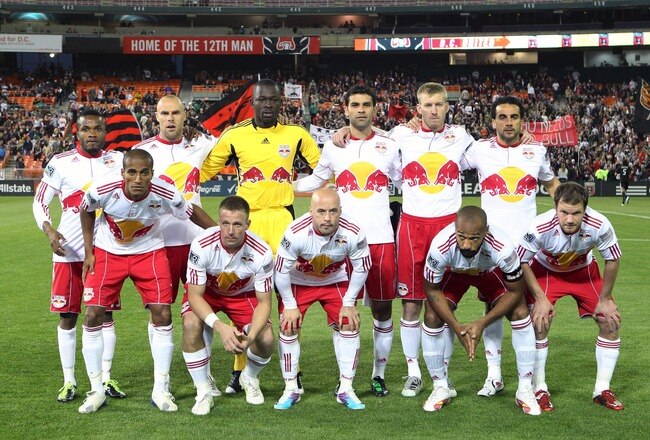 WASHINGTON, DC - APRIL 21: The first team of the New York Red Bulls pose for a photo before the start of the game against D.C. United at RFK Stadium on April 21, 2011 in Washington, DC.( Front, L-R: )Dwayne De Rosario #11, Jan Gunnar Solli #8, Luke Rodgers #9, Thierry Henry #14 and Teemu Tainio #2. (Back, L-R: ) Dane Richards #19, Joel Lindpere #20, Bouna Coundoul #18, Rafael Marquez #4 and Tim Ream #5. (Photo by Ned Dishman/Getty Images)