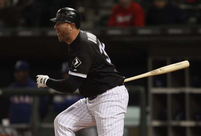 CHICAGO, IL - MAY 16: Adam Dunn #32 of the Chicago White Sox hits the ball against the Texas Rangers at U.S. Cellular Field on May 16, 2011 in Chicago, Illinois. The Rangers defeated the White Sox 4-0. (Photo by Jonathan Daniel/Getty Images)