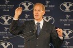 PROVO, UT - SEPTEMBER 1:  BYU  Athletic Director Tom Holmoe announces that BYU football will become independent in football in 2011 separating from the Mountain West Conference, September 1, 2010 in Provo, Utah. The remaining BYU sports will become affiliated with the West Coast Conference in 2011. (Photo by George Frey/Getty Images)