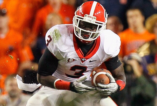 AUBURN, AL - NOVEMBER 13:  Washaun Ealey #3 of the Georgia Bulldogs against the Auburn Tigers at Jordan-Hare Stadium on November 13, 2010 in Auburn, Alabama.  (Photo by Kevin C. Cox/Getty Images)
