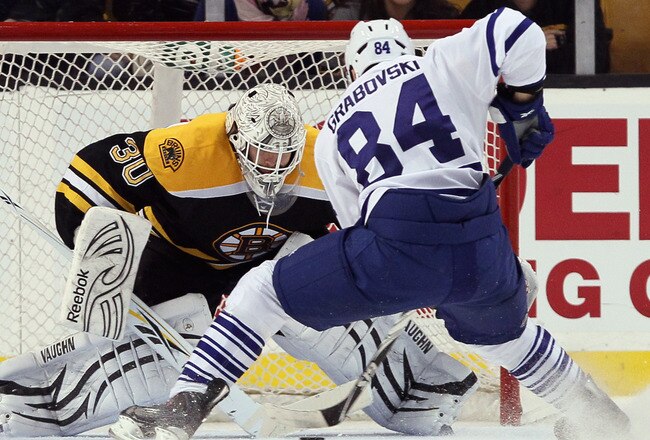 BOSTON, MA - MARCH 31:  Tim Thomas #30 of the Boston Bruins stops a penalty shot by Mikhail Grabovski #84 of the Toronto Maple Leafs on March 31, 2011 at the TD Garden in Boston, Massachusetts. The Toronto Maple Leafs defeated the Boston Bruins 4-3 in an overtime shootout.  (Photo by Elsa/Getty Images)
