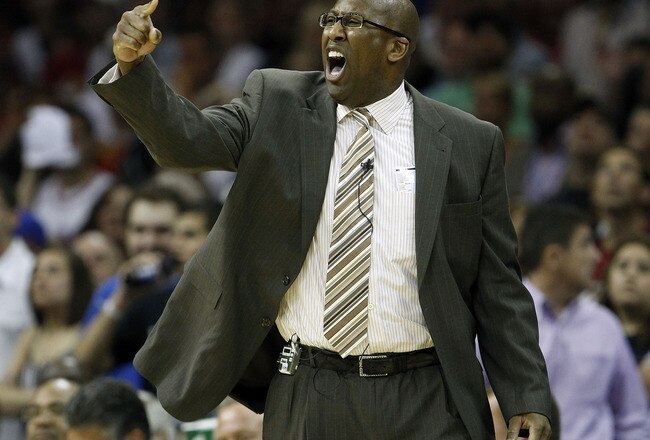 CLEVELAND - MAY 01: Head coach Mike Brown of the Cleveland Cavaliers calls out instructions while playing the Boston Celtics during Game One of the Eastern Conference Semifinals during the 2010 NBA Playoffs at Quicken Loans Arena on May 1, 2010 in Cleveland, Ohio. Cleveland won the game 101-93. NOTE TO USER: User expressly acknowledges and agrees that, by downloading and or using this photograph, User is consenting to the terms and conditions of the Getty Images License Agreement.  (Photo by Gregory Shamus/Getty Images)