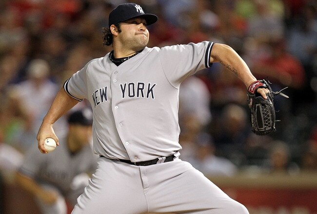 ARLINGTON, TX - MAY 07:  Pitcher Joba Chamberlain #62 of the New York Yankees throws against the Texas Rangers at Rangers Ballpark in Arlington on May 7, 2011 in Arlington, Texas.  (Photo by Ronald Martinez/Getty Images)