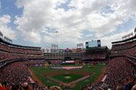 ARLINGTON, TX - APRIL 01:  A B-52 Bomber flies over the Rangers Ballpark in Arlington during the National Anthem during Opening Day on April 1, 2011 in Arlington, Texas.  (Photo by Tom Pennington/Getty Images)