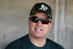 PHOENIX, AZ - FEBRUARY 16:  Head coach Bob Geren of the Oakland Athletics speaks with the media during a MLB spring training practice at Phoenix Municipal Stadium on February 16, 2011 in Phoenix, Arizona.  (Photo by Christian Petersen/Getty Images)