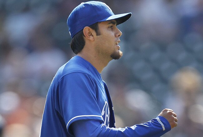 DETROIT, MI - APRIL 10: Joakim Soria #48 of the Kansas City Royals reacts after beating the Detroit Tigers 9-5 at Comerica Park on April 10, 2011 in Detroit, Michigan.  (Photo by Gregory Shamus/Getty Images)
