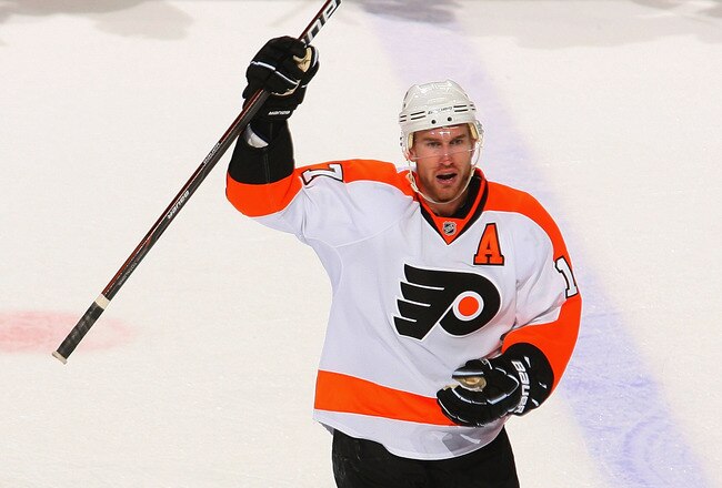 BUFFALO, NY - APRIL 18: Jeff Carter #17 of the Philadelphia Flyers reacts after Kimmo Timonen #44 scored an empty net goal aginst the Buffalo Sabres  in Game Three of the Eastern Conference Quarterfinals during the 2011 NHL Stanley Cup Playoffs at HSBC Arena at HSBC Arena on April 18, 2011 in Buffalo, New York. Philadelphia won 4-2 and leads the series 2 games to 1. (Photo by Rick Stewart/Getty Images)