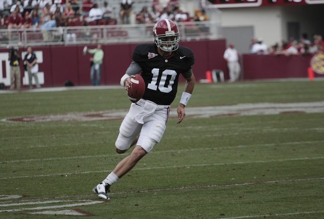 TUSCALOOSA, AL - APRIL 17: Quarterback A. J. McCarron #10 of the Alabama Crimson Tide runs for a first down during the Alabama spring game at Bryant Denny Stadium on April 17, 2010 in Tuscaloosa, Alabama. (Photo by Dave Martin/Getty Images)