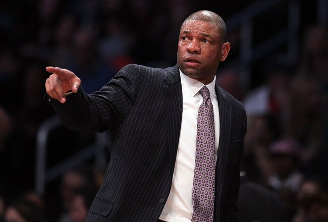 LOS ANGELES, CA - FEBRUARY 20:  Head coach Doc Rivers of the Eastern Conference points in the 2011 NBA All-Star Game at Staples Center on February 20, 2011 in Los Angeles, California. NOTE TO USER: User expressly acknowledges and agrees that, by downloading and or using this photograph, User is consenting to the terms and conditions of the Getty Images License Agreement.  (Photo by Jeff Gross/Getty Images)