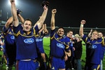 NEW ZEALAND - MAY 11:  The Highlanders (LR) Kelvin Middleton, Taine Randell Sam Harding and Jeff Wilson celebrate their win over the Reds  the Super 12 match between the Highlanders and the Reds played at Carisbrook, Saturday. The Highlanders won 4026.  (Photo by Michael Bradley/Getty Images)