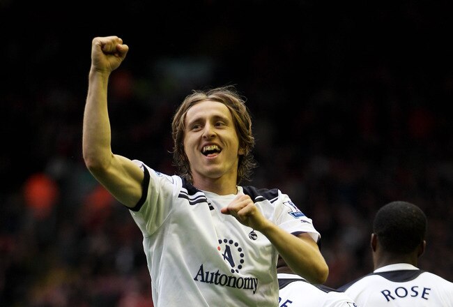 LIVERPOOL, ENGLAND - MAY 15:  Luka Modric of Spurs celebrates after scoring his team's second goal from the penalty spot during the Barclays Premier League match between Liverpool and Tottenham Hotspur at Anfield on May 15, 2011 in Liverpool, England.  (Photo by Michael Steele/Getty Images)