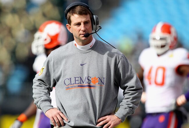 CHARLOTTE, NC - DECEMBER 31:  Head coach Dabo Swinney of the Clemson Tigers reacts to his teams 31-26 loss to the USF Bulls during their game at Bank of America Stadium on December 31, 2010 in Charlotte, North Carolina.  (Photo by Streeter Lecka/Getty Images)