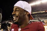 PHILADELPHIA - OCTOBER 03:  Donovan McNabb #5 of the Washington Redskins celebrates after defeating the Philadelphia Eagles on October 3, 2010 at Lincoln Financial Field in Philadelphia, Pennsylvania. The Redskins defeated the Eagles 17-12.  (Photo by Jim McIsaac/Getty Images)