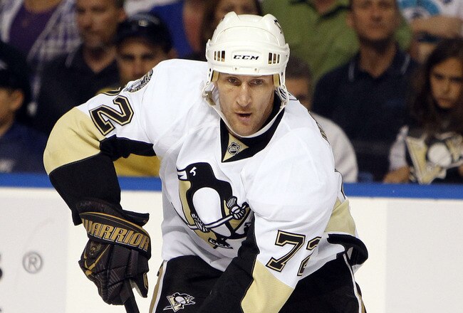TAMPA, FL - APRIL 20: Alex Kovalev #72 of the Pittsburgh Penguins skates with the puck against the Tampa Bay Lightning in Game Four of the Eastern Conference Quarterfinals during the 2011 NHL Stanley Cup Playoffs at the St. Pete Times Forum on April 20, 2011 in Tampa, Florida. (Photo by Eliot J. Schechter/Getty Images)