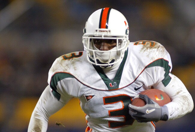 PITTSBURGH - NOVEMBER 29:  Jason Geathers #3 of the Miami Hurricanes heads upfield against the Pittsburgh Panthers  on November 29, 2003 at Heinz Field in Pittsburgh, Pennsylvania. Miami Won 28-14 and won the Big East and a bid to the Orange Bowl.  (Photo by Rick Stewart/Getty Images)