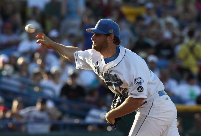OMAHA, NE - JUNE 28:  Starting pitcher Gerrit Cole #12 of the UCLA Bruins pitches against the South Carolina Gamecocks during game 1 of the men's 2010 NCAA College Baseball World Series at Rosenblatt Stadium on June 28, 2010 in Omaha, Nebraska. The Gamecocks defeated the Bruins 7-1.  (Photo by Christian Petersen/Getty Images)