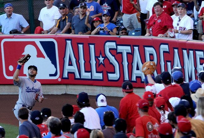 ANAHEIM, CA - JULY 13:  National League All-Star Andre Ethier #16 of the Los Angeles Dodgers runs to catch the ball during the 81st MLB All-Star Game at Angel Stadium of Anaheim on July 13, 2010 in Anaheim, California.  (Photo by Michael Buckner/Getty Images)