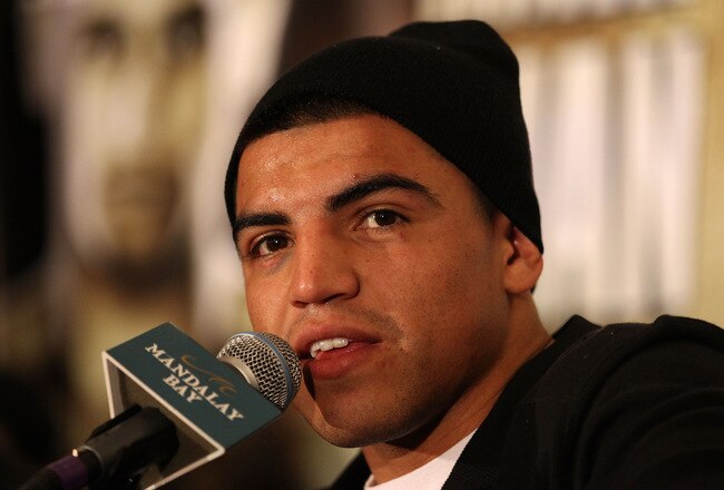 LAS VEGAS - DECEMBER 11:  Victor Ortiz answers questions during the post-fight news conference after his majority decision draw against Lamont Petersen during the super lightweight fight at Mandalay Bay Events Center on December 11, 2010 in Las Vegas, Nevada.  (Photo by Scott Heavey/Getty Images)