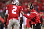 COLUMBUS, OH - OCTOBER 25: Ohio State Buckeyes head coach Jim Tressell instructs his quarterback Terrell Pryor #2 during the game against the Penn State Nittany Lions on October 25, 2008 at Ohio Stadium in Columbus, Ohio.  (Photo by Jamie Sabau/Getty Images)