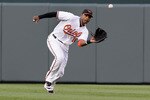 BALTIMORE, MD - MAY 12: Center fielder Adam Jones #10 of the Baltimore Orioles makes a catch against the Seattle Mariners at Oriole Park at Camden Yards on May 12, 2011 in Baltimore, Maryland.  (Photo by Rob Carr/Getty Images)