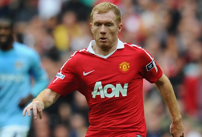 LONDON, ENGLAND - APRIL 16:  Paul Scholes of Manchester United in action during the FA Cup sponsored by E.ON semi final match between Manchester City and Manchester United at Wembley Stadium on April 16, 2011 in London, England.  (Photo by Mike Hewitt/Getty Images)