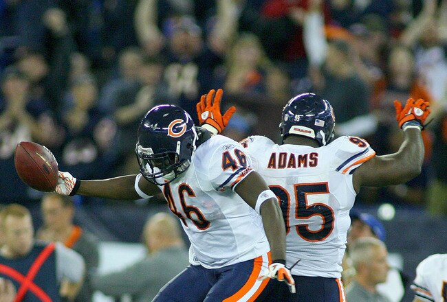 TORONTO, ON - NOVEMBER 07: Chris Harris #46 and Anthony Adams #95  of the Chicago Bears celebrate Harris's interception with 27 seconds left against the Buffalo Bills  at Rogers Centre on November 7, 2010 in Toronto, Canada. Chicago won 22-19. (Photo by Rick Stewart/Getty Images)