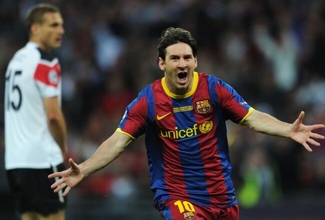 LONDON, ENGLAND - MAY 28:  Lionel Messi of FC Barcelona celebrates scoring his teams second goal during the UEFA Champions League final between FC Barcelona and Manchester United FC at Wembley Stadium on May 28, 2011 in London, England.  (Photo by Jasper Juinen/Getty Images)