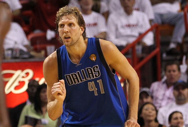 MIAMI, FL - JUNE 02:  Dirk Nowitzki #41 of the Dallas Mavericks reacts against the Miami Heat in Game Two of the 2011 NBA Finals at American Airlines Arena on June 2, 2011 in Miami, Florida. THe Mavericks won 95-93. NOTE TO USER: User expressly acknowledges and agrees that, by downloading and/or using this Photograph, user is consenting to the terms and conditions of the Getty Images License Agreement.  (Photo by Ronald Martinez/Getty Images)
