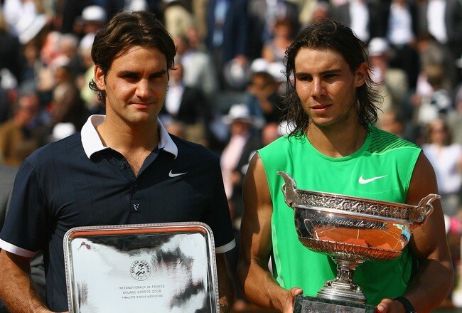 PARIS - JUNE 08:  Roger Federer (L) of Switzerland and Rafael Nadal of Spain with their trophies after the Men's Singles Final match on day fifteen of the French Open at Roland Garros on June 8, 2008 in Paris, France.  (Photo by Julian Finney/Getty Images)
