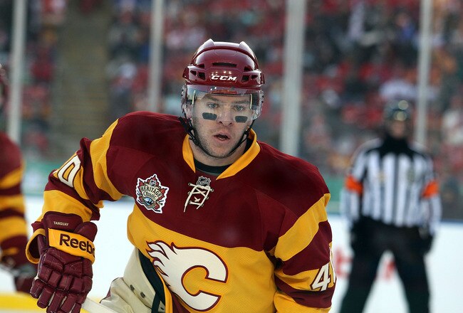 CALGARY, AB - FEBRUARY 20: Alex Tanguay #40 of the Calgary Flames skates against the Montreal Canadiens during the 2011 NHL Heritage Classic Game at McMahon Stadium on February 20, 2011 in Calgary, Alberta, Canada.  (Photo by Mike Ridewood/Getty Images)