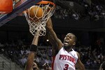 AUBURN HILLS, MI - MARCH 23: Rodney Stuckey #3 Detroit Pistons gets in for a dunk between Chris Bosh #1 and LeBron James #6 of the  Miami Heat at The Palace of Auburn Hills on March 23, 2011 in Auburn Hills, Michigan. Miami won the game 100-94. NOTE TO USER: User expressly acknowledges and agrees that, by downloading and or using this photograph, User is consenting to the terms and conditions of the Getty Images License Agreement.  (Photo by Gregory Shamus/Getty Images)