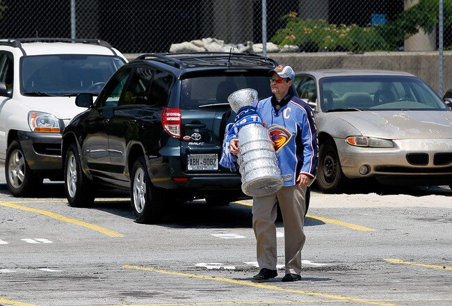 ATLANTA, GA - MAY 21:  Daniel 'Cup Guy' Green, an Atlanta Thrashers fan, walks to the rally to support keeping the team in Atlanta at Philips Arena on May 21, 2011 in Atlanta, Georgia.  It has been reported the Thrashers may relocate to Winnipeg, Canada.  (Photo by Kevin C. Cox/Getty Images)