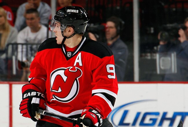 NEWARK, NJ - APRIL 02:  Zach Parise #9 of the New Jersey Devils skates during an NHL hockey game against the Montreal Canadians at the Prudential Center on April 2, 2011 in Newark, New Jersey.  (Photo by Paul Bereswill/Getty Images)