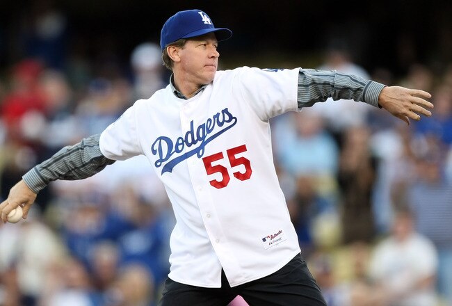 LOS ANGELES, CA - OCTOBER 13:  Former Los Angeles Dodgers pitcher Orel Hershiser throws out the first pitch before the Dodgers take on the Philadelphia Phillies in Game Four of the National League Championship Series during the 2008 MLB playoffs on October 13, 2008 at Dodger Stadium in Los Angeles, California.  (Photo by Jed Jacobsohn/Getty Images)