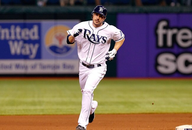 ST. PETERSBURG, FL - MAY 31:  Outfielder Matt Joyce #20 of the Tampa Bay Rays rounds the bases after his home run against the Texas Rangers during the game at Tropicana Field on May 31, 2011 in St. Petersburg, Florida.  (Photo by J. Meric/Getty Images)